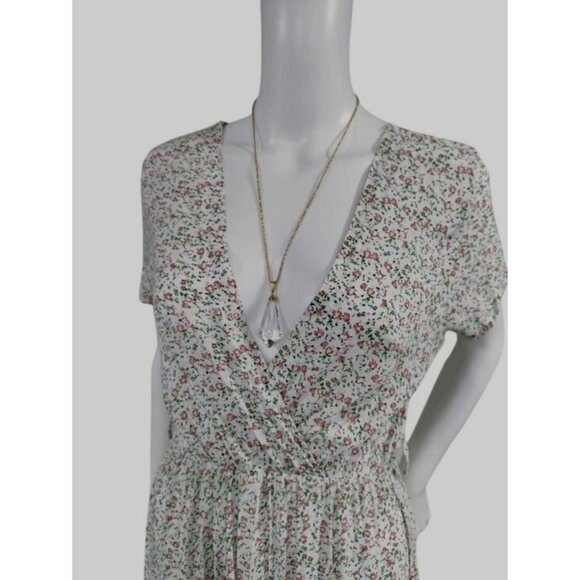 Made In Italy Short Sleeve Floral Print V Neck Maxi Dress White Pink Women's L - Picture 4 of 13